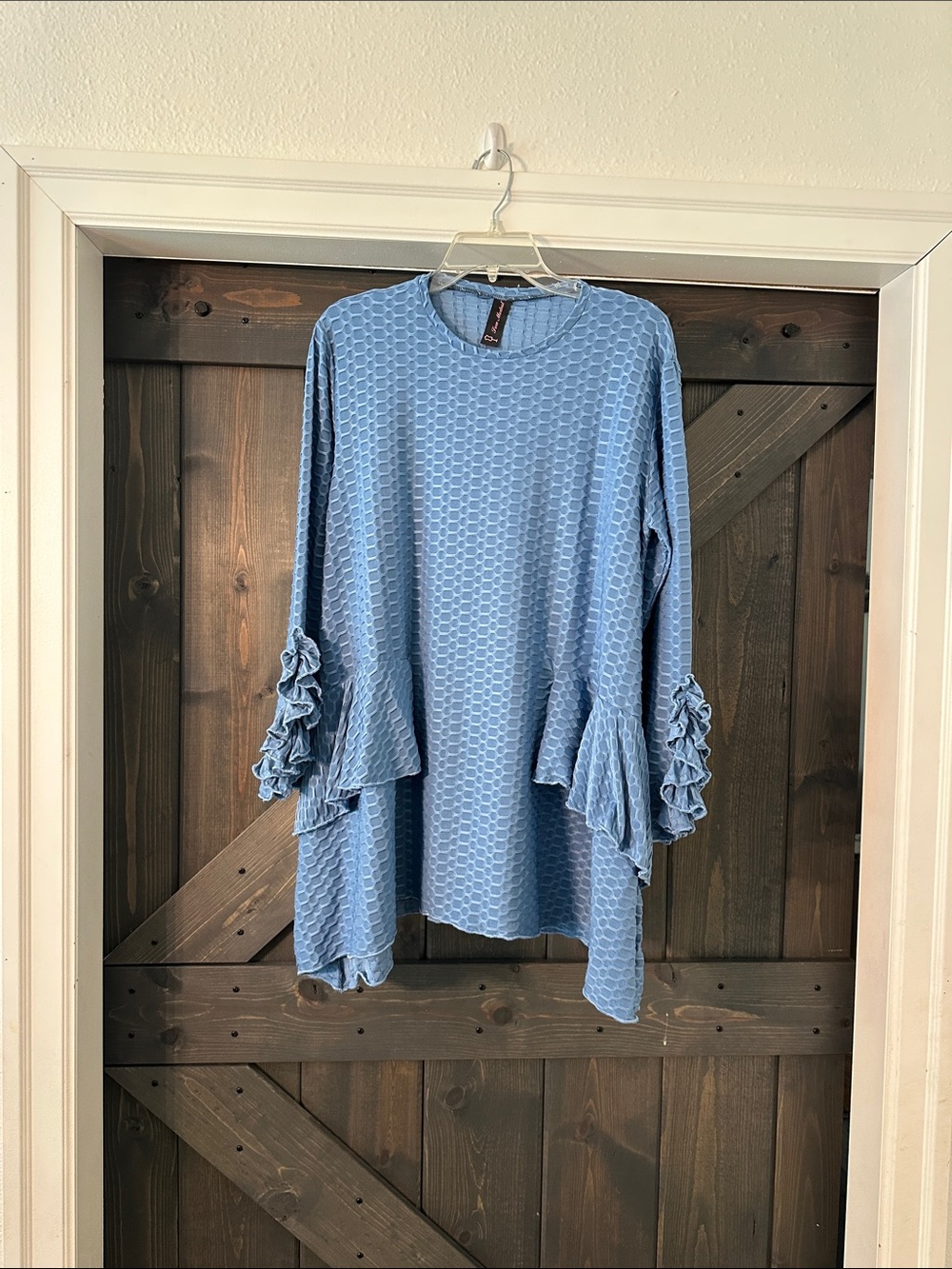Light Blue Textured Ruffle Sleeve Tunic